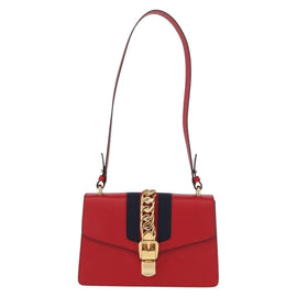 GUCCI Sylvie Sherry Line Shoulder Bag Leather Red Gold Navy 421882 Auth 154071M - 0