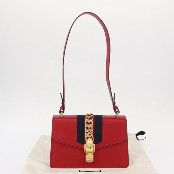 GUCCI Sylvie Sherry Line Shoulder Bag Leather Red Gold Navy 421882 Auth 154071M