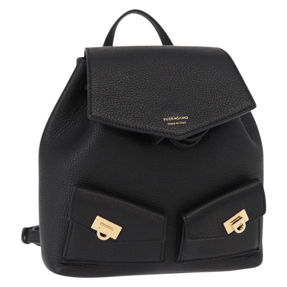 Salvatore Ferragamo Gancini Backpack Leather Black Gold Auth 154075SM