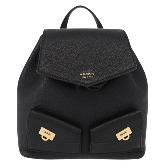 Salvatore Ferragamo Gancini Backpack Leather Black Gold Auth 154075SM
