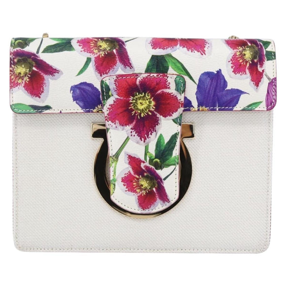 Salvatore Ferragamo Chain Gancini Bag Canvas Multicolor Gold Auth 154076SAM