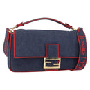 FENDI Mamma Baguette Shoulder Bag Denim 2way Navy Gold Auth 154083M-1