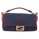 FENDI Mamma Baguette Shoulder Bag Denim 2way Navy Gold Auth 154083M-13