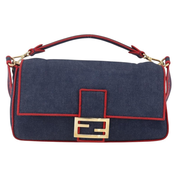 FENDI Mamma Baguette Shoulder Bag Denim 2way Navy Gold Auth 154083M