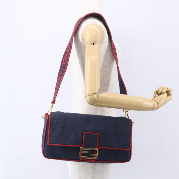 FENDI Mamma Baguette Shoulder Bag Denim 2way Navy Gold Auth 154083M
