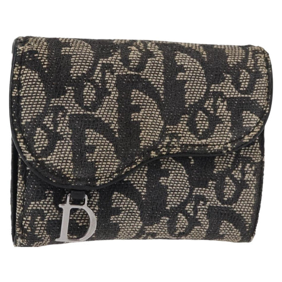 Christian Dior Trotter Canvas Saddle Wallet Navy Silver Auth 154095