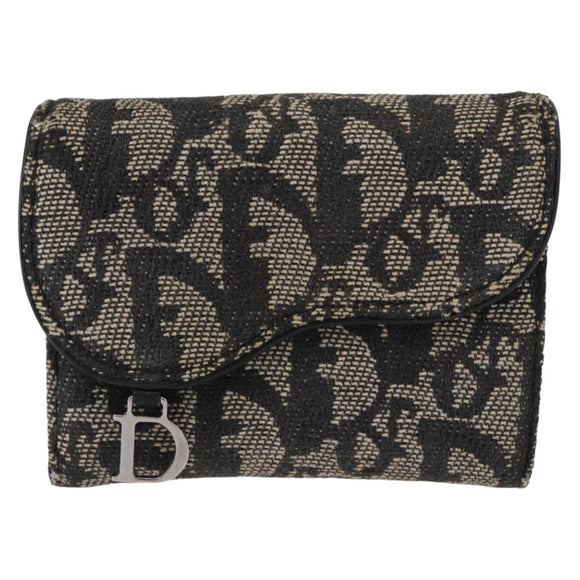 Christian Dior Trotter Canvas Saddle Wallet Navy Silver Auth 154095