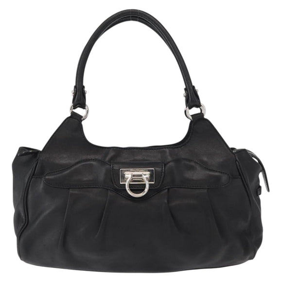 Salvatore Ferragamo Gancini Hand Bag Leather Black Silver Auth 154190