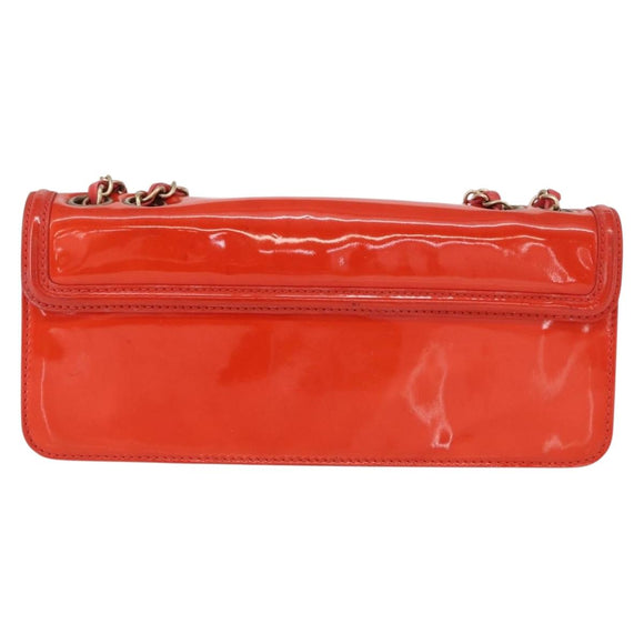 CHANEL Chain Shoulder Bag Patent leather Orange Silver CC Auth 154201