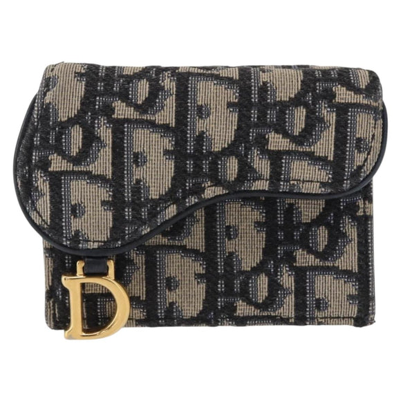 Christian Dior Trotter Canvas Trifold Wallet Navy Gold Auth 154218