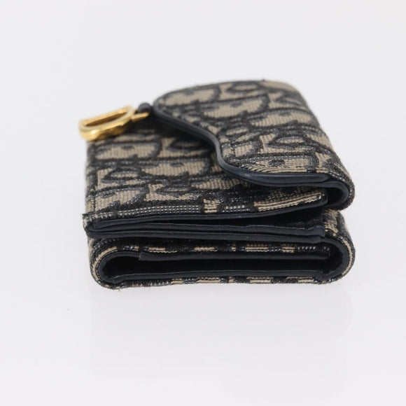 Christian Dior Trotter Canvas Trifold Wallet Navy Gold Auth 154218