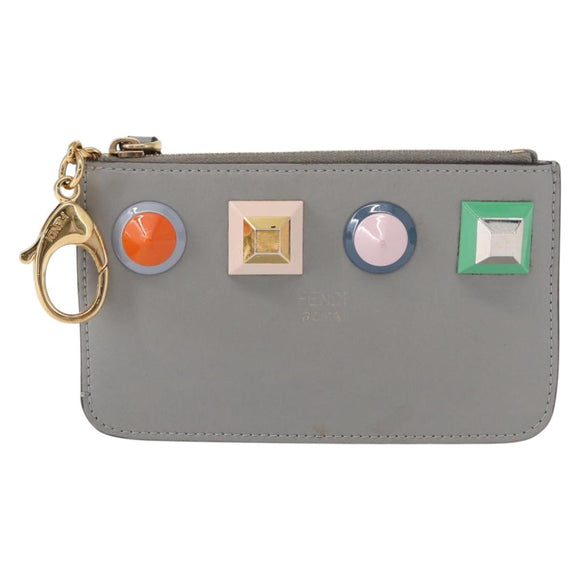 FENDI Coin Purse Leather Gray Gold Auth 154219