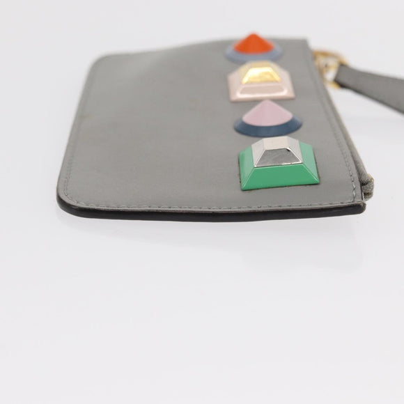 FENDI Coin Purse Leather Gray Gold Auth 154219