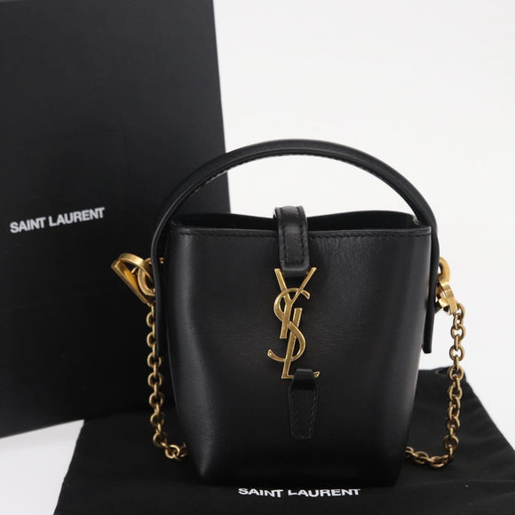 SAINT LAURENT Micro Hand Bag Leather Black Gold Auth 154229SM
