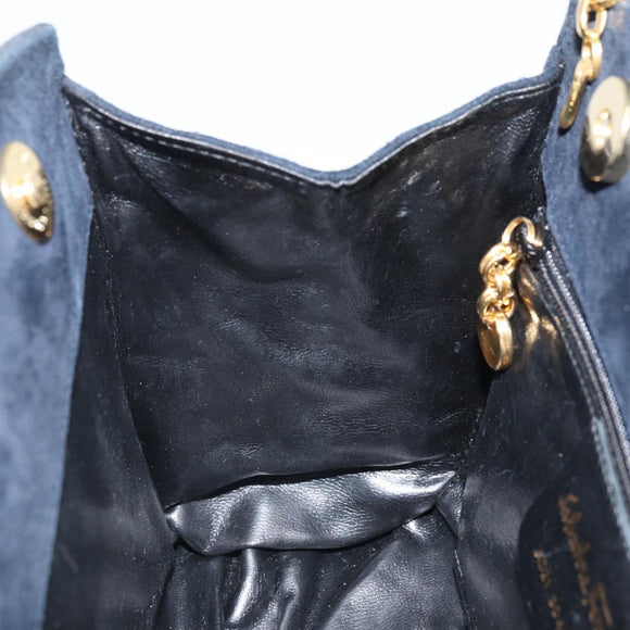 Salvatore Ferragamo Chain Shoulder Bag Suede Black Gold Auth 154232