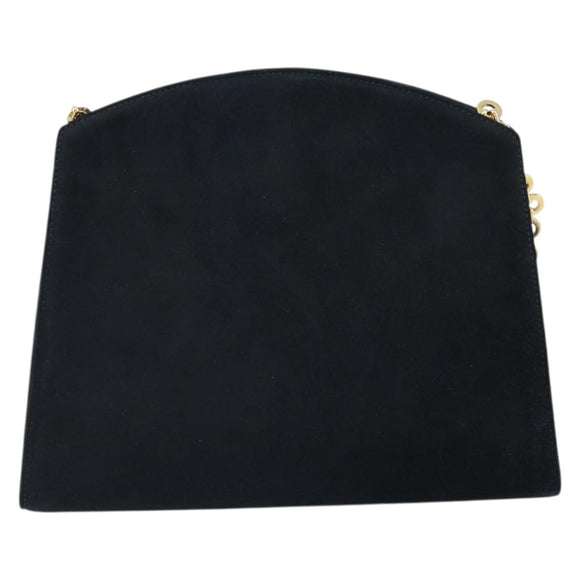 Salvatore Ferragamo Chain Shoulder Bag Suede Black Gold Auth 154232
