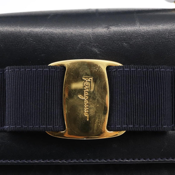 Salvatore Ferragamo Vala Hand Bag Leather 2way Navy Gold Auth 154340