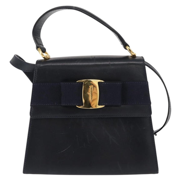 Salvatore Ferragamo Vala Hand Bag Leather 2way Navy Gold Auth 154340