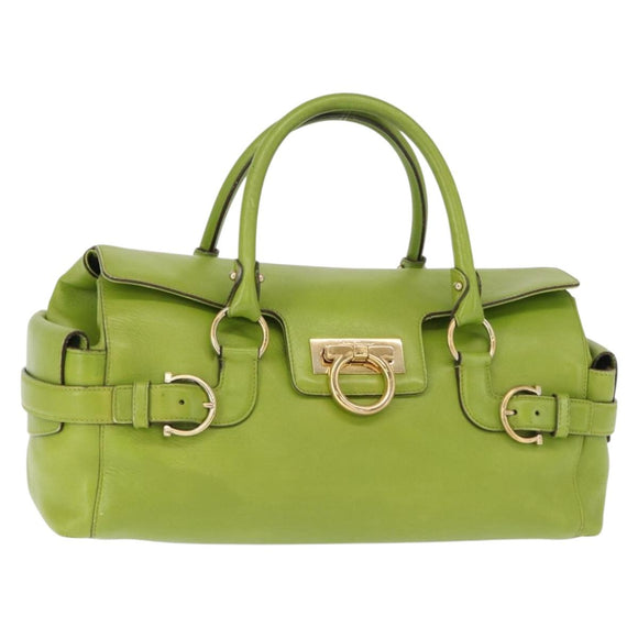 Salvatore Ferragamo Gancini Hand Bag Leather Green Gold Auth 154371
