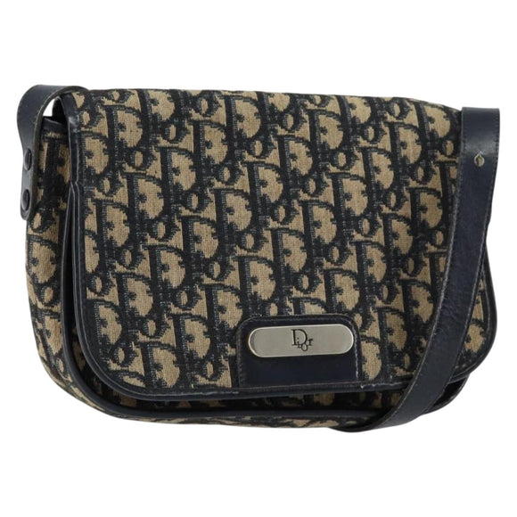 Christian Dior Trotter Canvas Shoulder Bag Navy Gold Auth 154375