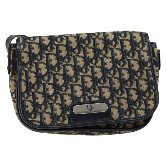 Christian Dior Trotter Canvas Shoulder Bag Navy Gold Auth 154375