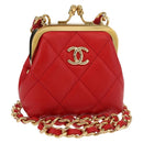 CHANEL Matelasse Chain Shoulder Pouch Bag Lamb Skin Red Gold CC Auth 154389SAM-1