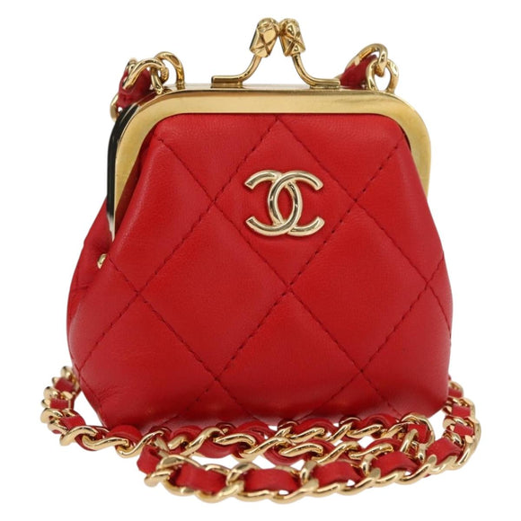 CHANEL Matelasse Chain Shoulder Pouch Bag Lamb Skin Red Gold CC Auth 154389SAM