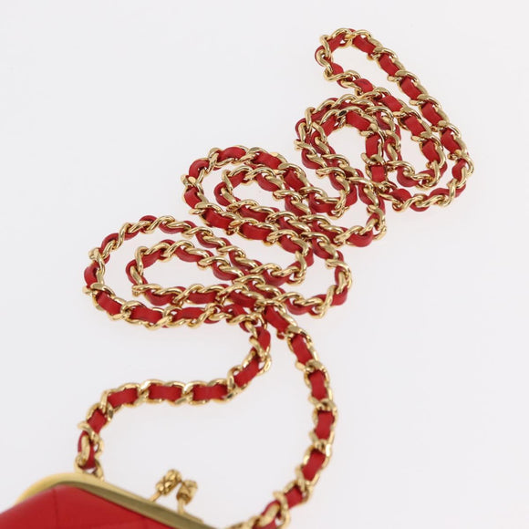 CHANEL Matelasse Chain Shoulder Pouch Bag Lamb Skin Red Gold CC Auth 154389SAM