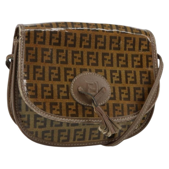 FENDI Zucchino Canvas Shoulder Bag Enamel Beige Brown Auth 154412
