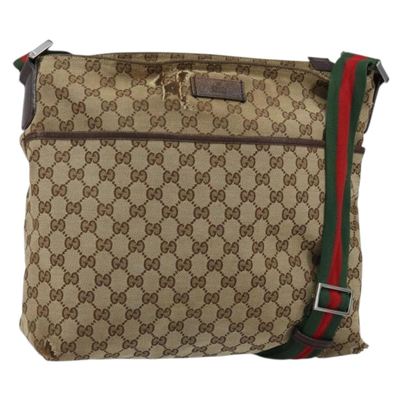 GUCCI GG Canvas Web Sherry Line Shoulder Bag Beige Silver 189751 Auth 154441