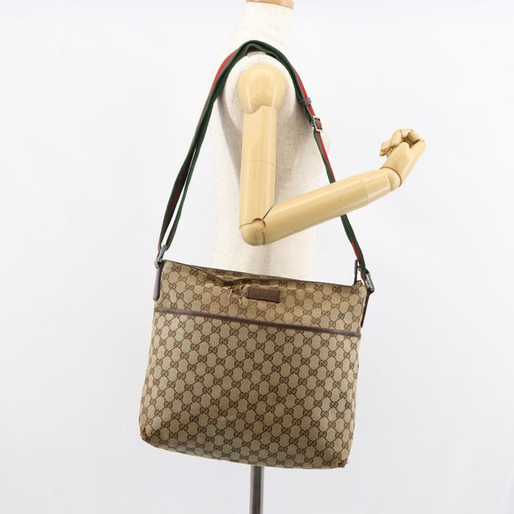 GUCCI GG Canvas Web Sherry Line Shoulder Bag Beige Silver 189751 Auth 154441