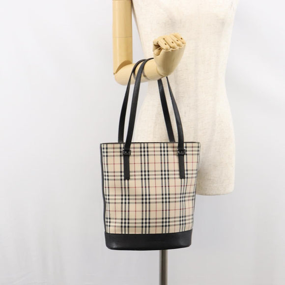 BURBERRY Nova Check Hand Bag Canvas Beige Silver Auth 154458