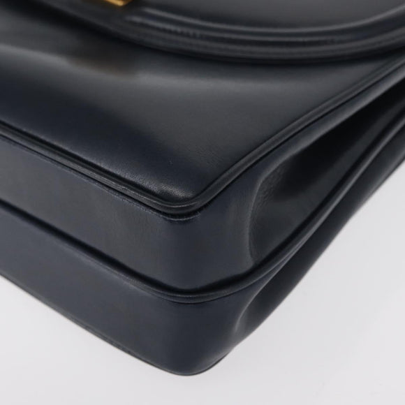 GUCCI Hand Bag Leather Navy Gold Auth 154472