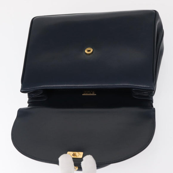 GUCCI Hand Bag Leather Navy Gold Auth 154472