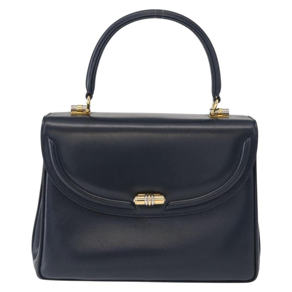 GUCCI Hand Bag Leather Navy Gold Auth 154472