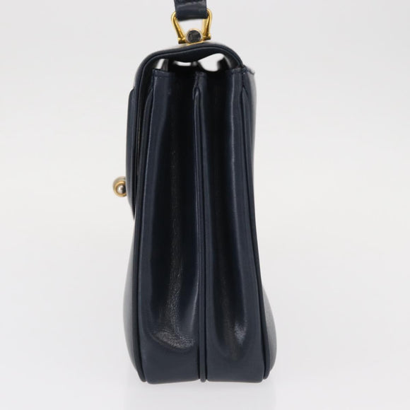 GUCCI Hand Bag Leather Navy Gold Auth 154472