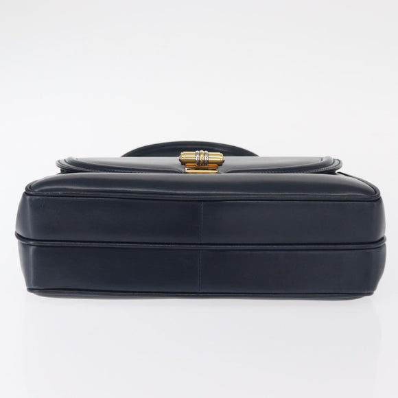 GUCCI Hand Bag Leather Navy Gold Auth 154472