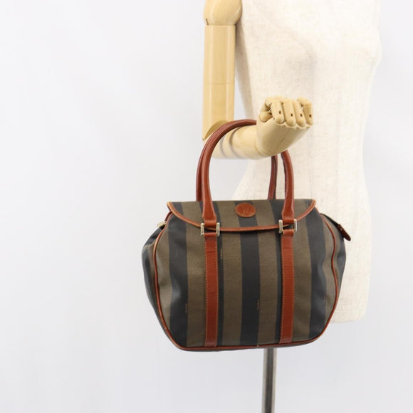 FENDI Pecan Canvas Hand Bag PVC Black Brown Auth 154500