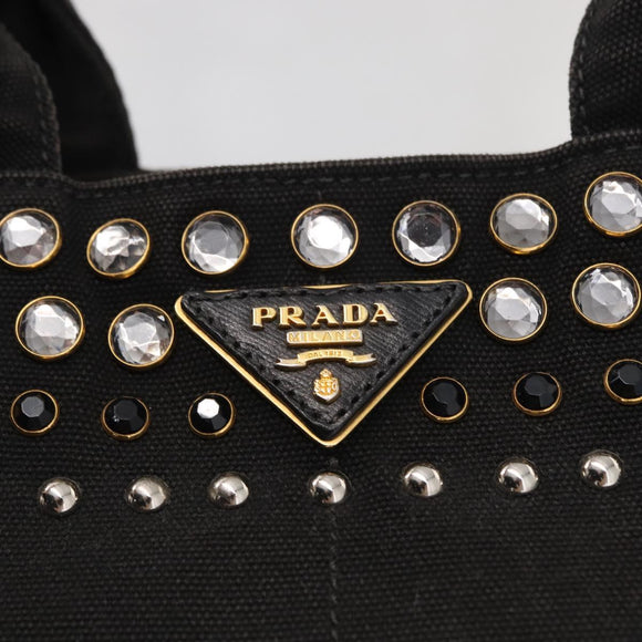 PRADA Studs Canapa GM Hand Bag Canvas 2way Black Gold Auth 154510