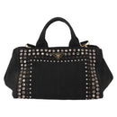 PRADA Studs Canapa GM Hand Bag Canvas 2way Black Gold Auth 154510-2