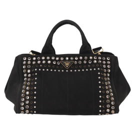 PRADA Studs Canapa GM Hand Bag Canvas 2way Black Gold Auth 154510 - 0