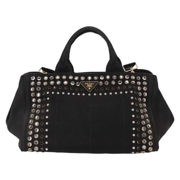 PRADA Studs Canapa GM Hand Bag Canvas 2way Black Gold Auth 154510