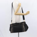 PRADA Studs Canapa GM Hand Bag Canvas 2way Black Gold Auth 154510-25