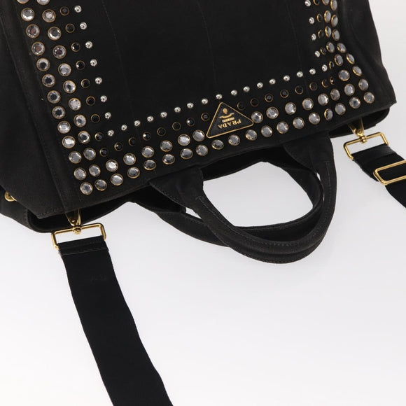 PRADA Studs Canapa GM Hand Bag Canvas 2way Black Gold Auth 154510