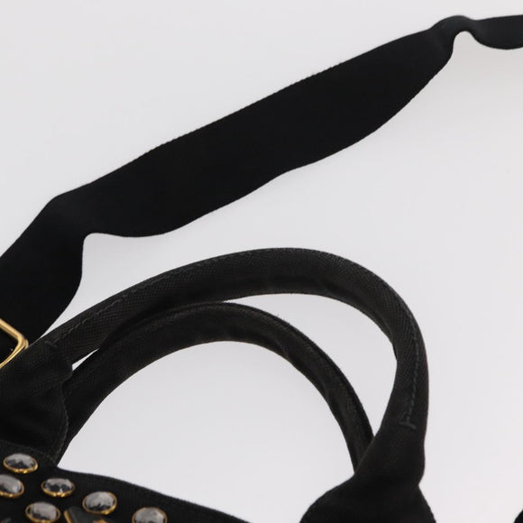 PRADA Studs Canapa GM Hand Bag Canvas 2way Black Gold Auth 154510