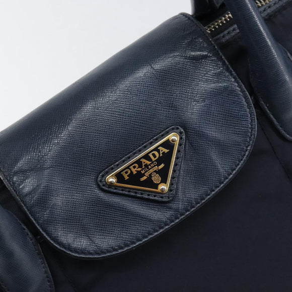 PRADA Hand Bag Nylon Navy Gold Auth 154518