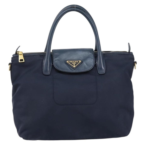 PRADA Hand Bag Nylon Navy Gold Auth 154518