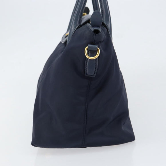 PRADA Hand Bag Nylon Navy Gold Auth 154518