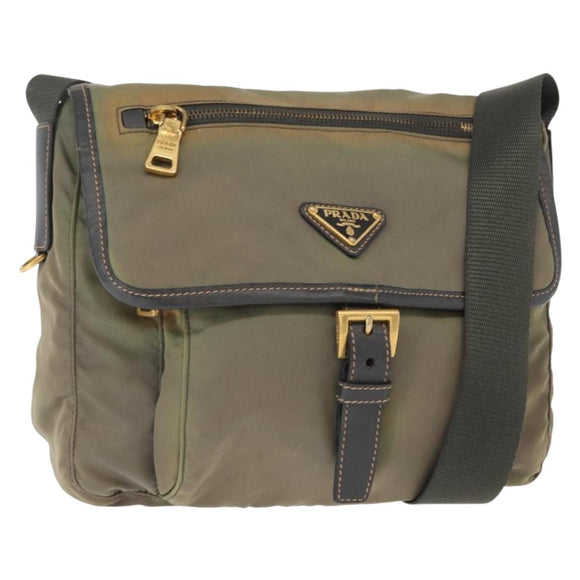 PRADA Shoulder Bag Nylon Khaki Gold Auth 154525