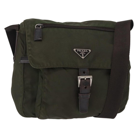 PRADA Shoulder Bag Nylon Khaki Silver Auth 154526